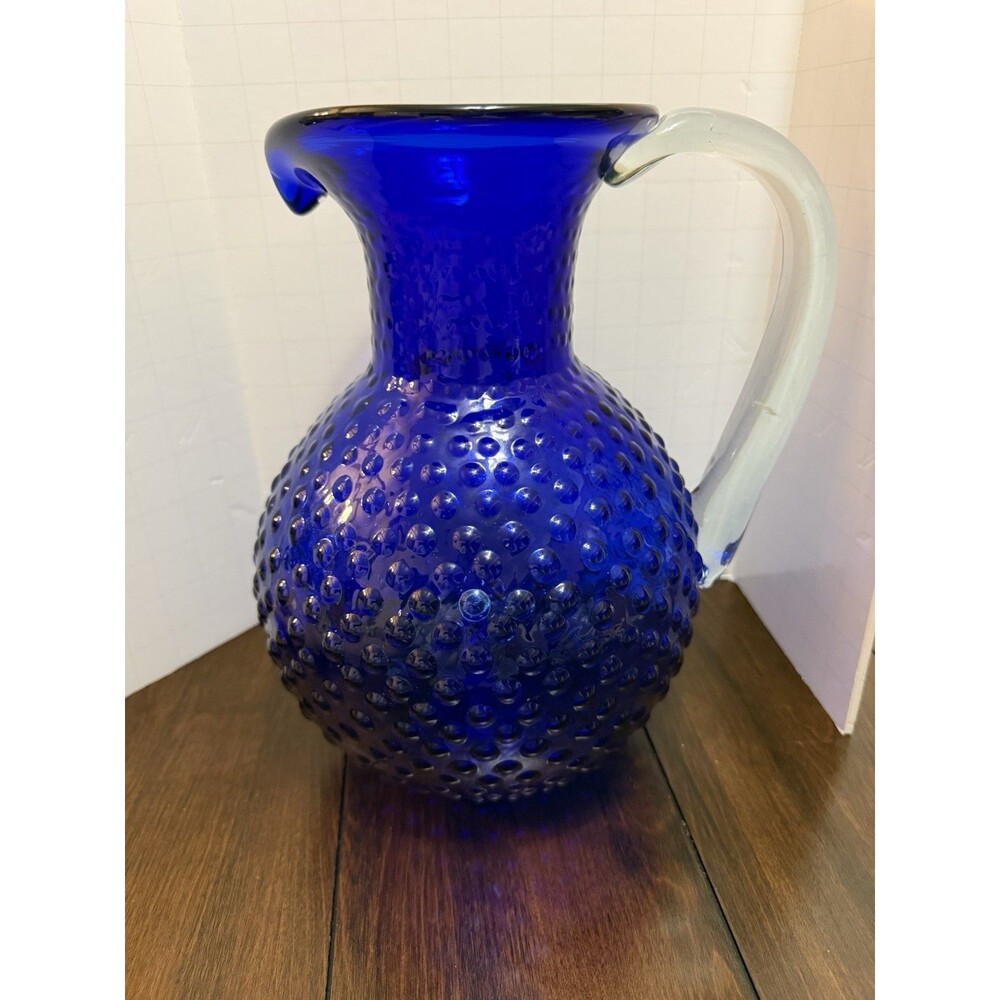 Vintage Colbalt Blue Hobnail Hand Blown Large Glass Pitcher